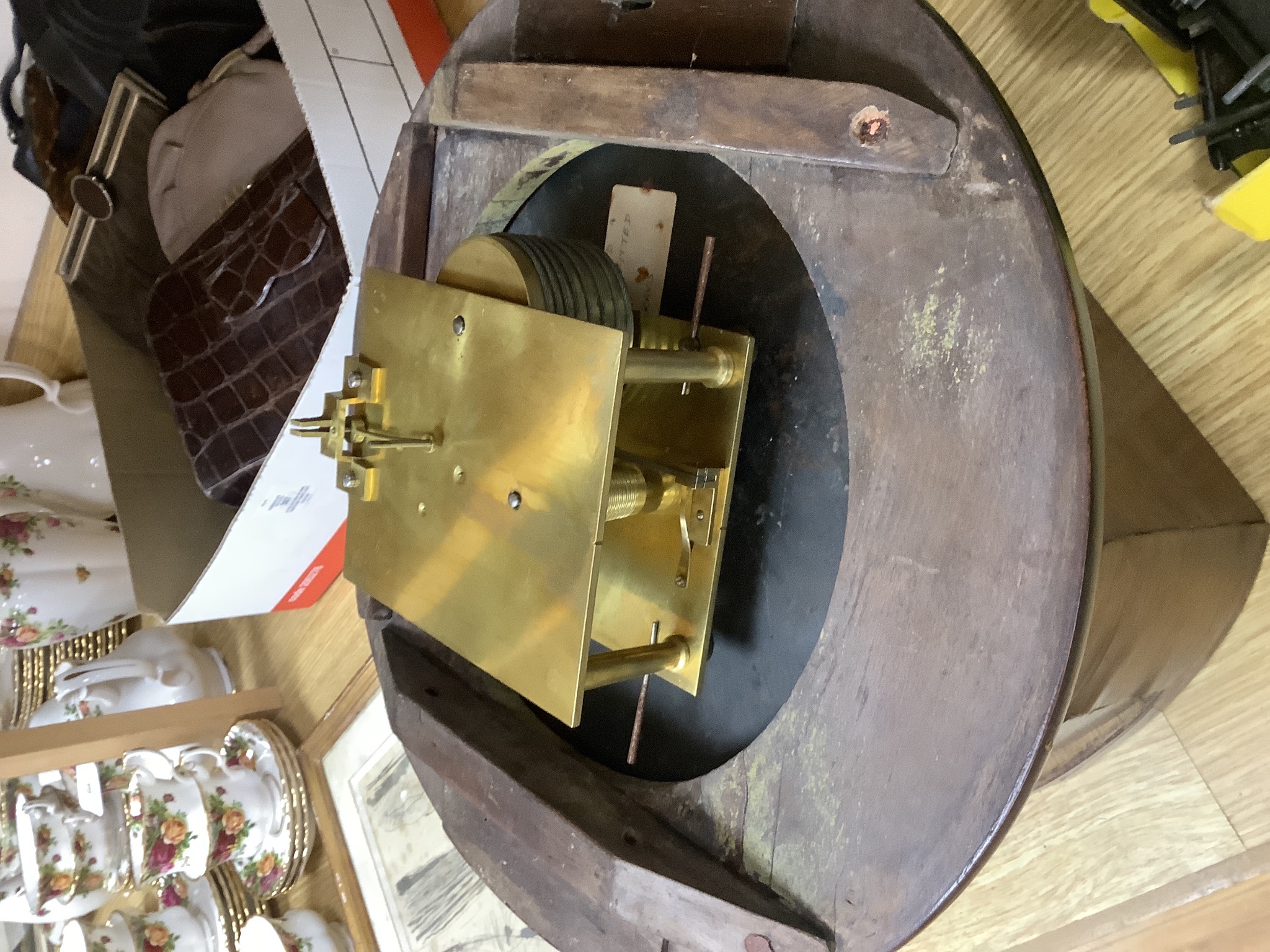 A late Victorian dial clock with key and pendulum, 36cm diameter, Single fusee movement, box case later